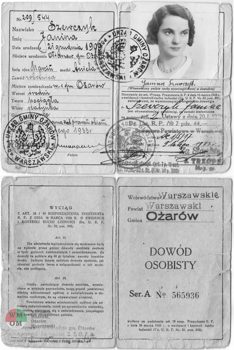 Dowód osobisty Janiny Szewczyk wystawiony w 1933 roku