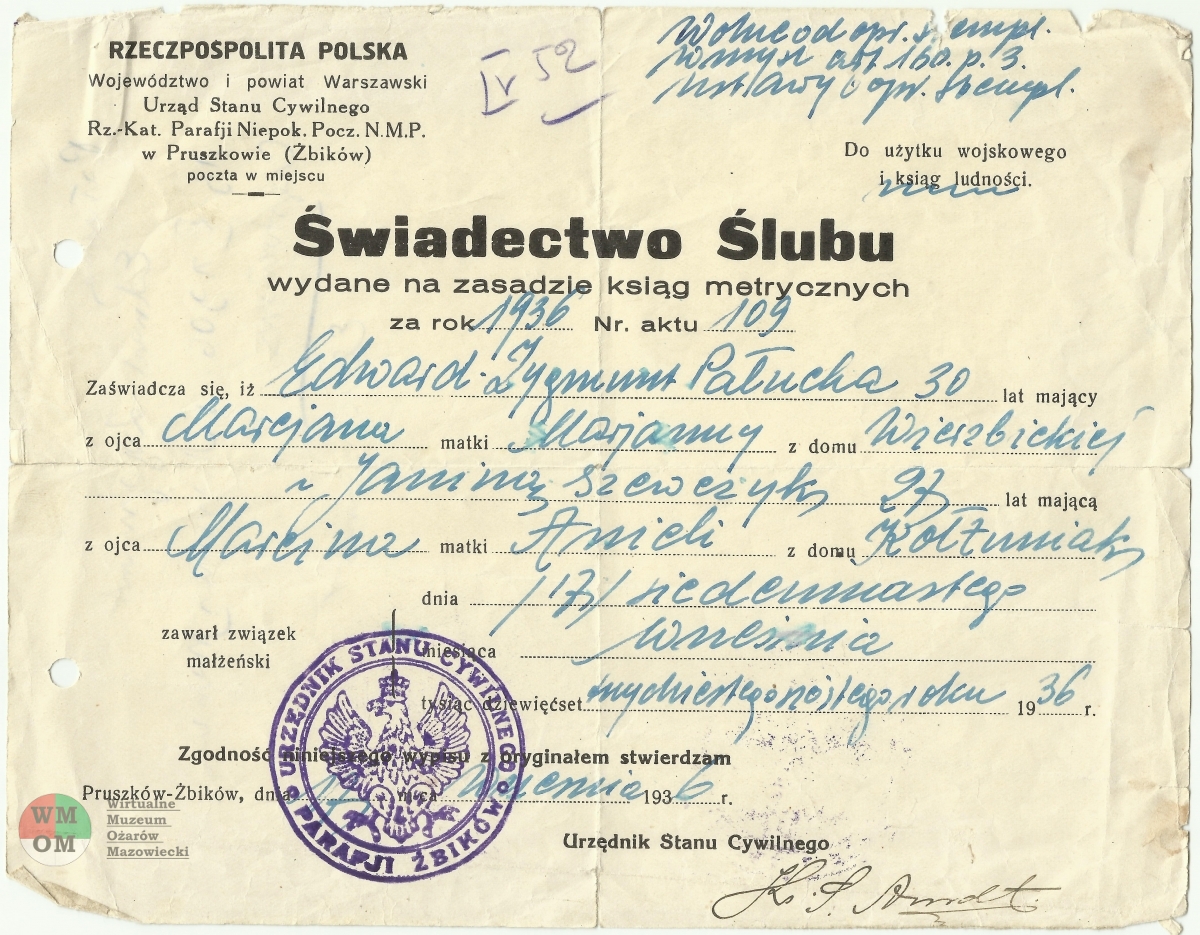Świadectwo ślubu 17 września 1936 roku Edwarda Zygmunta Pałuchy i Janiny Szewczyk. Ze zbiorów Aliny Ignaszak