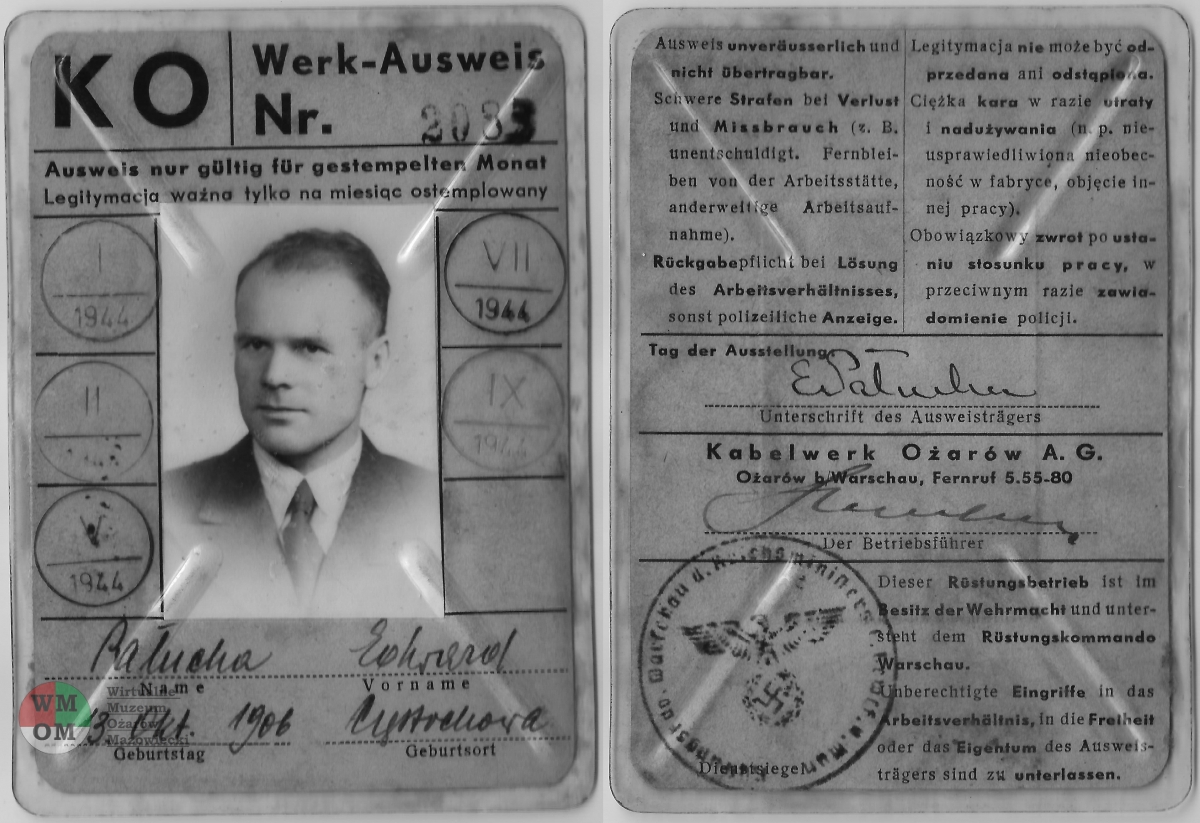 Werk - Ausweis Edwarda Pałuchy potwierdzający zatrudnienie w Kabelwerk Ożarów A. G.