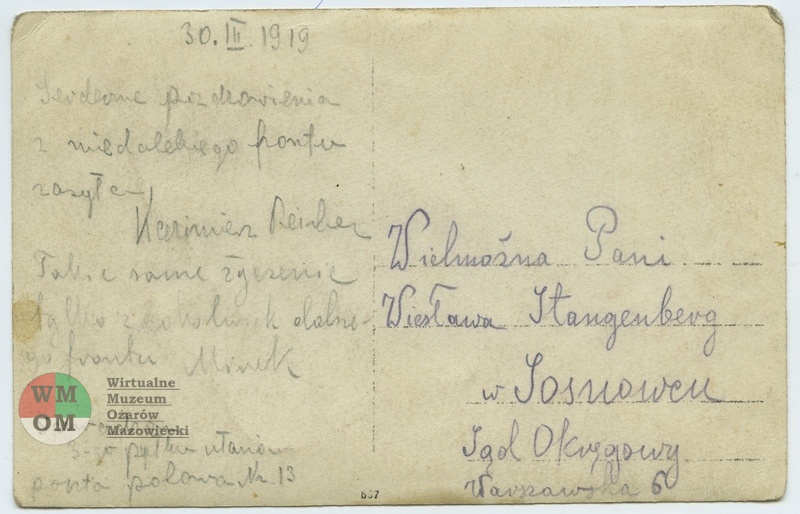 30 marca 1919, kartka z forntu od Kazimierza Reichera