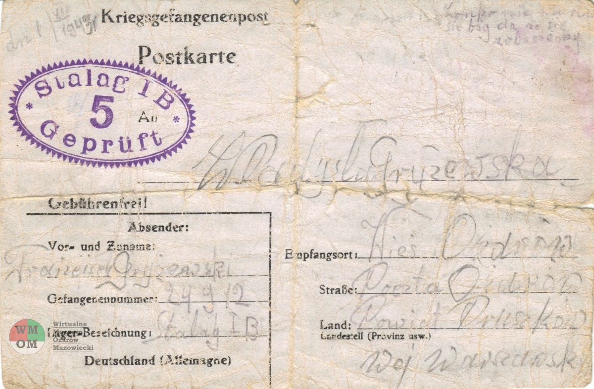 pocztówka Franciszka Gryżewskiego ze stalagu I B do żony Władysławy