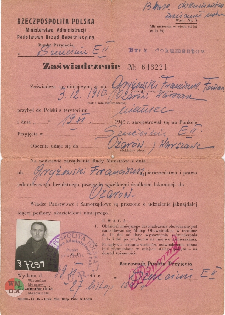zaświadczenie Państwowego Urzędu Repatriacyjnego 1945 r.