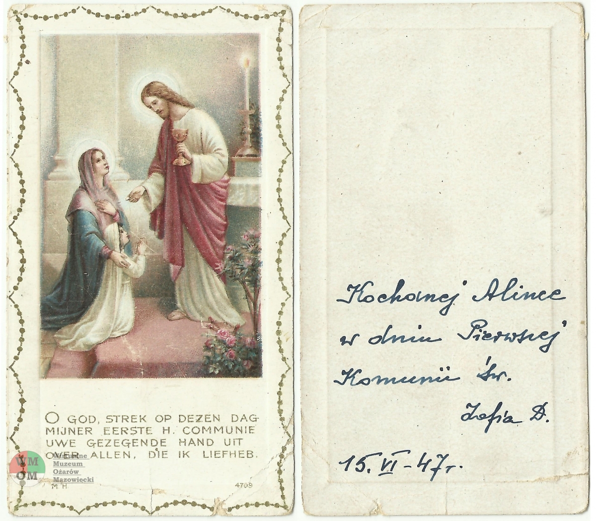 Obrazek z okazji I Komunii Świętej z dedykacją podpisana przez panią Zofię Dobek. Rok 1947.