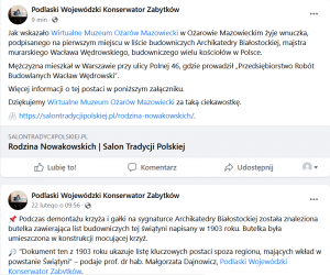 Podziękowanie Podlaskiego Wojewódzkiego Konserwatora Zabytków