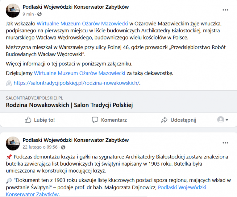 Read more about the article Podziękowanie Podlaskiego Wojewódzkiego Konserwatora Zabytków
